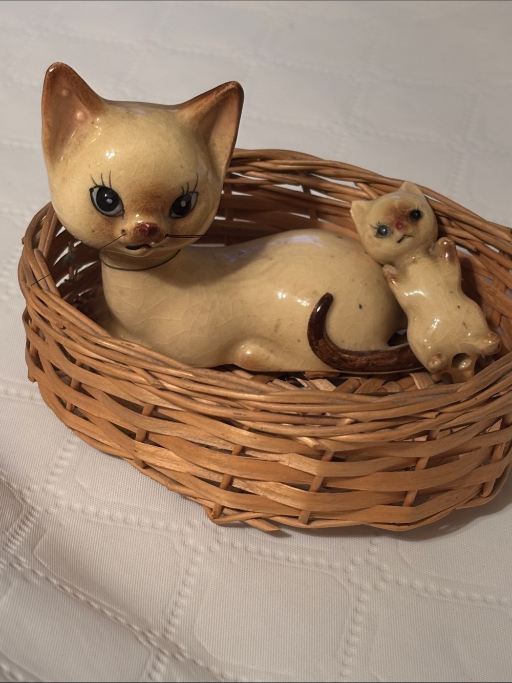 Vintage Cream and Brown Ceramic Siamese Cat and Kitten in Basket